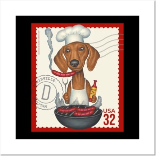 Cute Doxie grilling hot dogs on tailgate grill Posters and Art